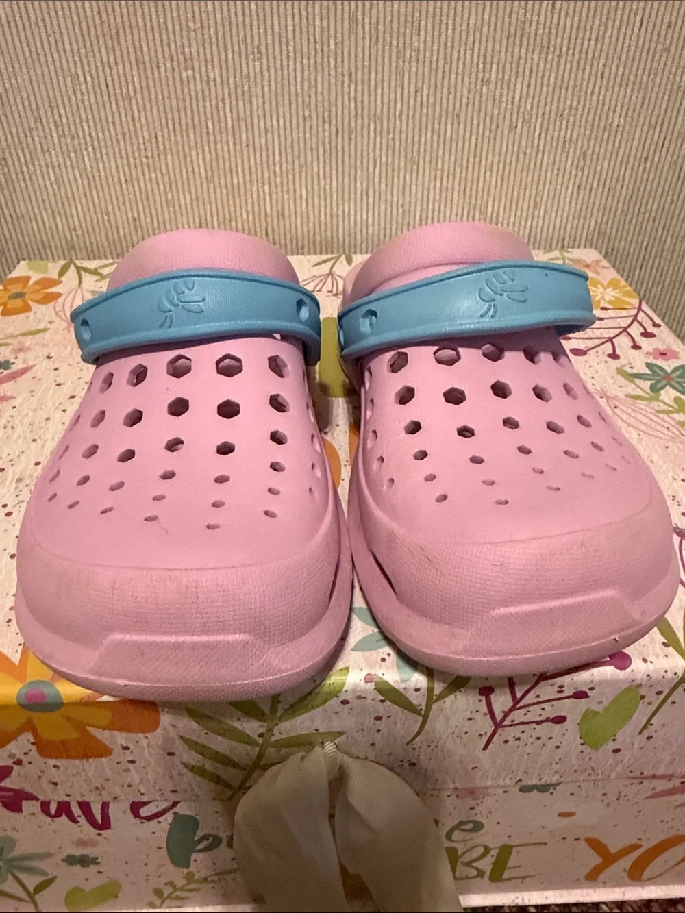 Girls JoyBees Pink Foam Clog Sandals with Blue Heel Strap